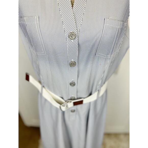 Tahari NWOT Blue White Pinstripe Sleeveless Collared Belted Shirt Dress Size 16 - Picture 7 of 11
